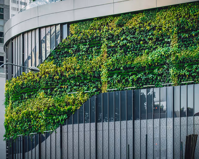Modern building facade covered with vertical greenery.