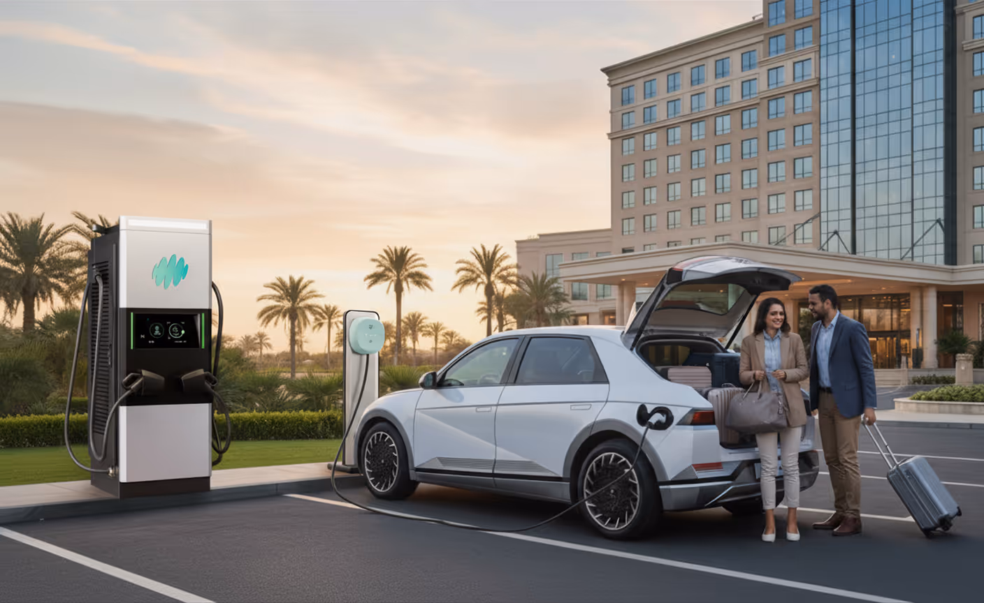 Couple preparing luggage beside electric car charging at hotel.