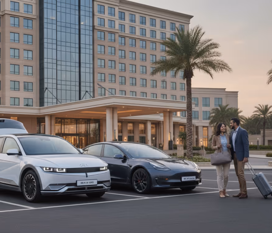 Couple with luggage near electric cars at hotel entrance.