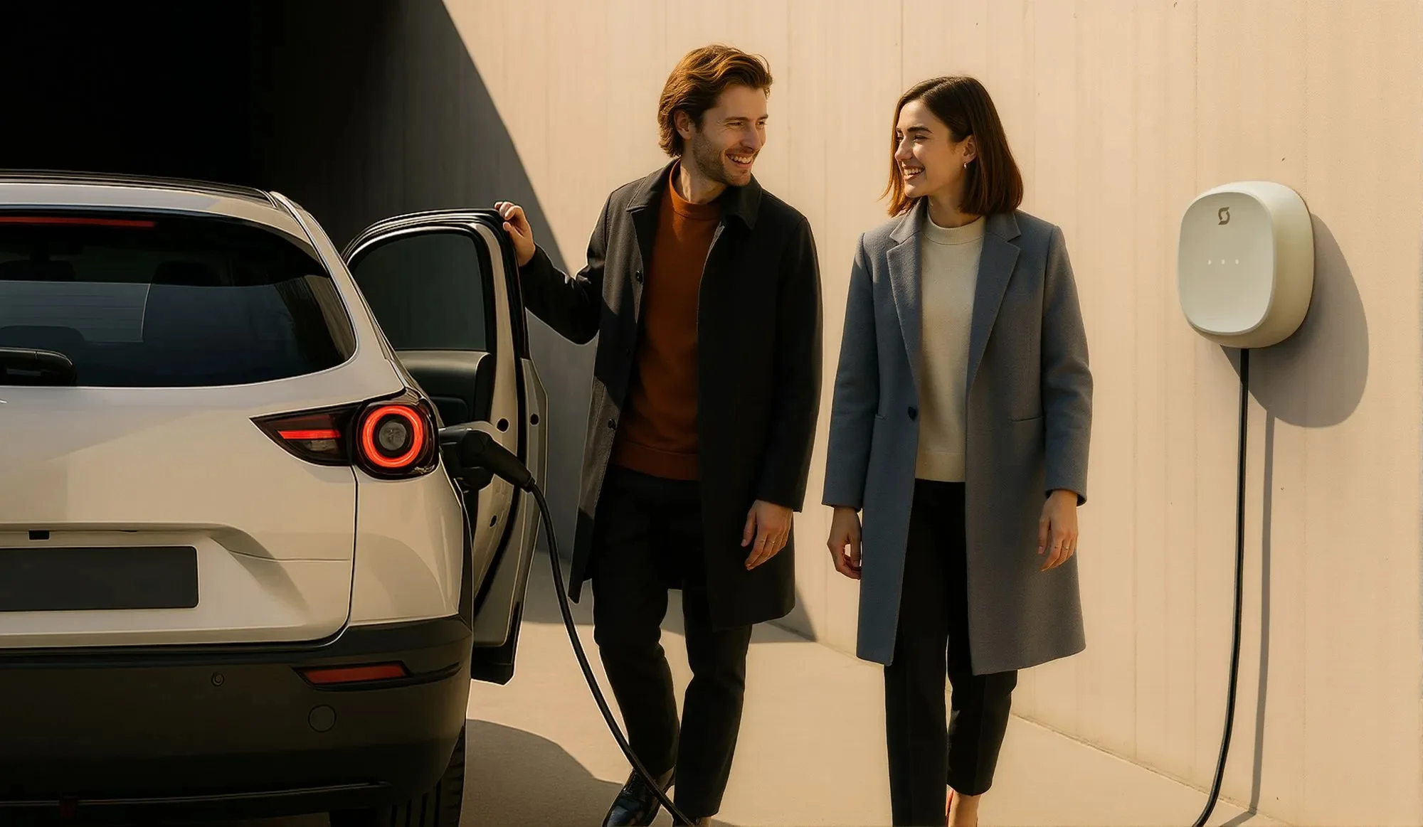 Couple walking near car charging at wall-mounted EV charger.