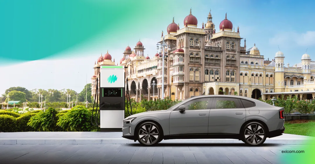 An EV and the Exicom Harmony Charger in front of an Indian scenery