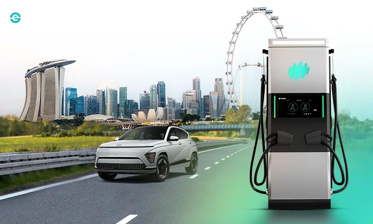 Ev and Exicom Harmony Charger in front of city skyline