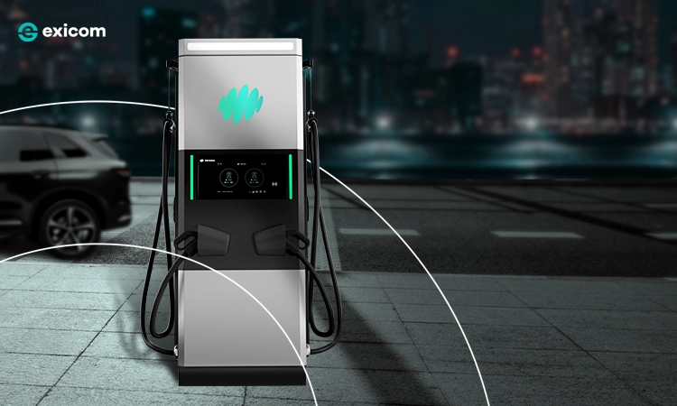 Exicom Harmony Charger in front of a skyline at night