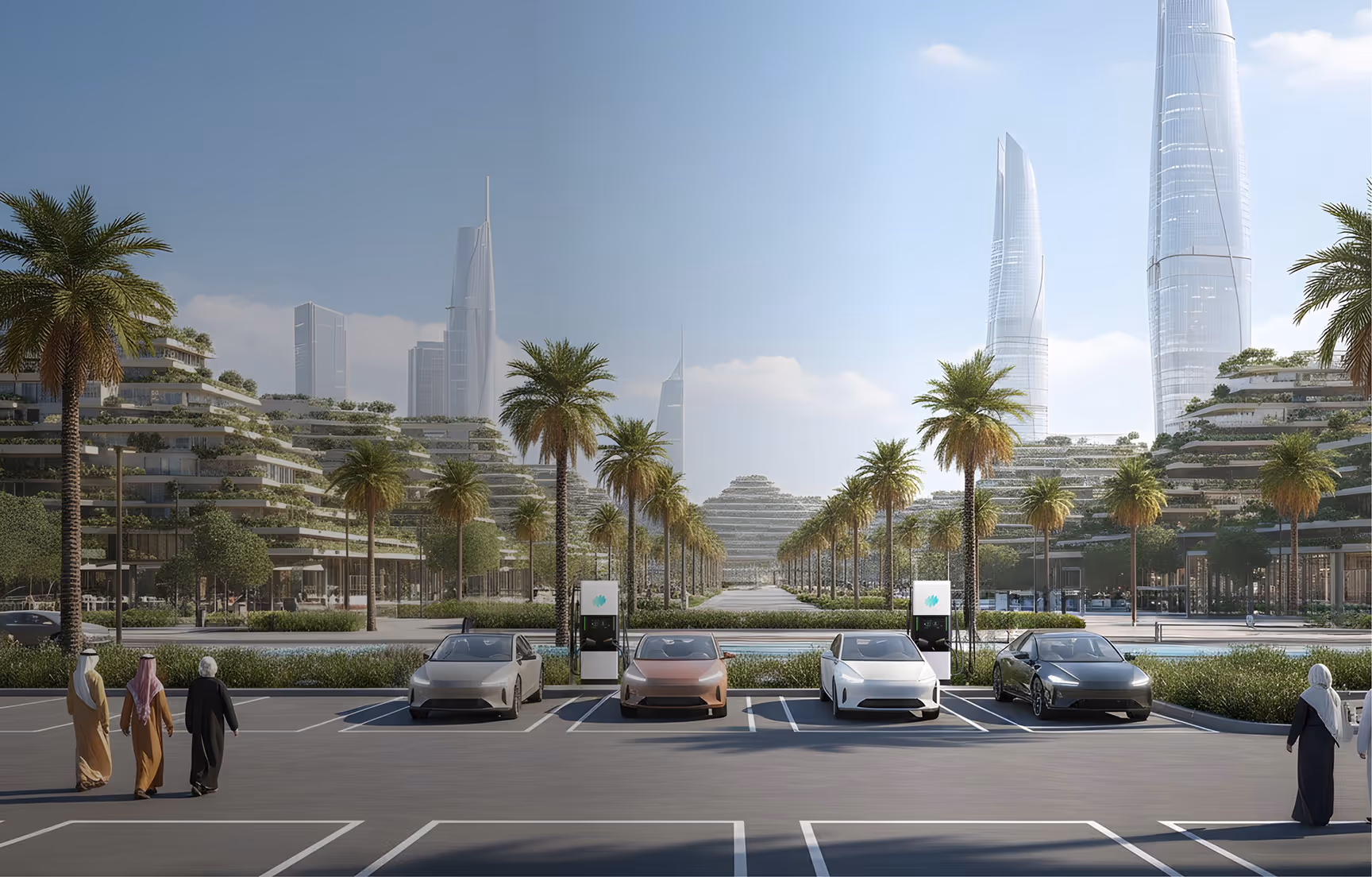 Evs charging and Exicom Harmony EV Charger in front of middle eastern city skyline