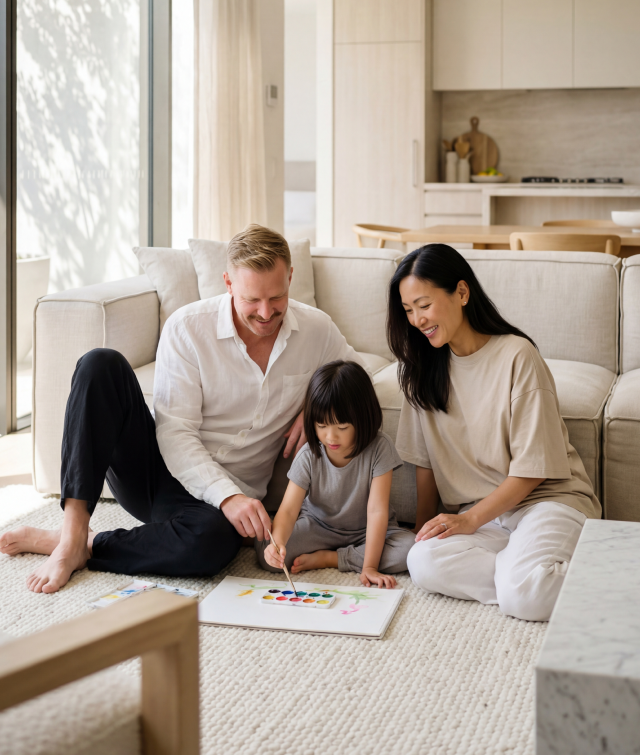 A family of three sitting on a carpet in a living room, with the child painting on paper using watercolors.