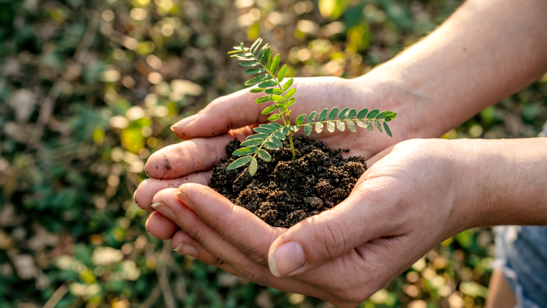 Hands holding soil with a small green plant growing from it outdoors.