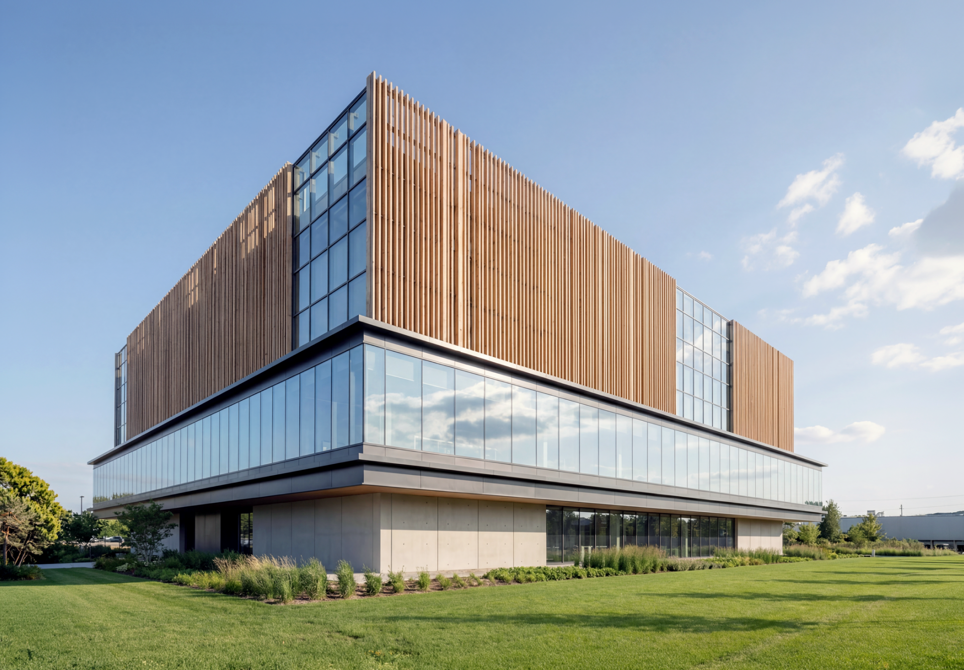 Modern building with a glass lower section and wood-paneled upper floors surrounded by green lawn.