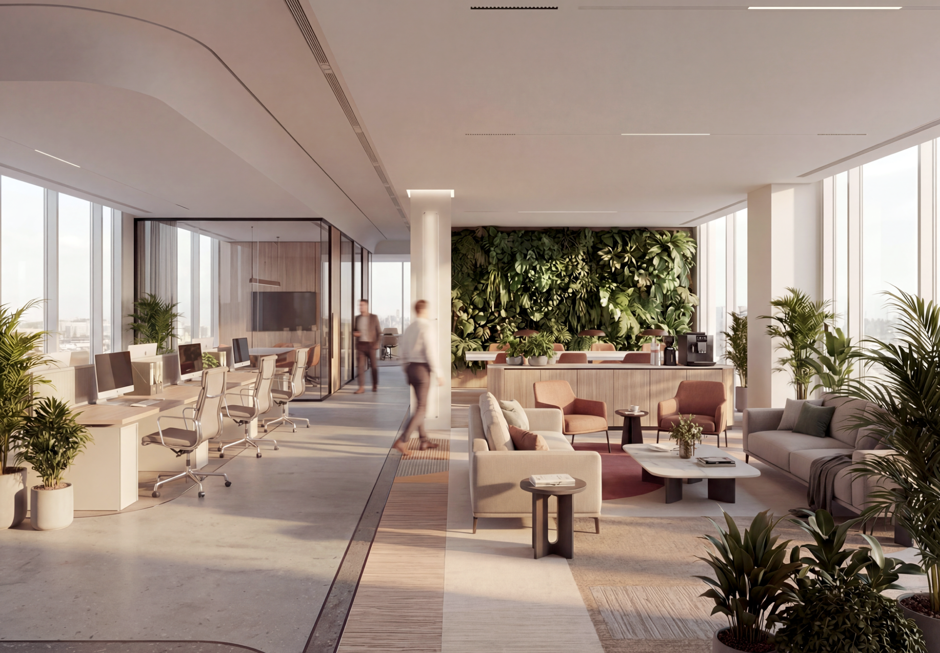 Modern office with glass-walled meeting rooms, workstations, seating area, and vertical green wall.