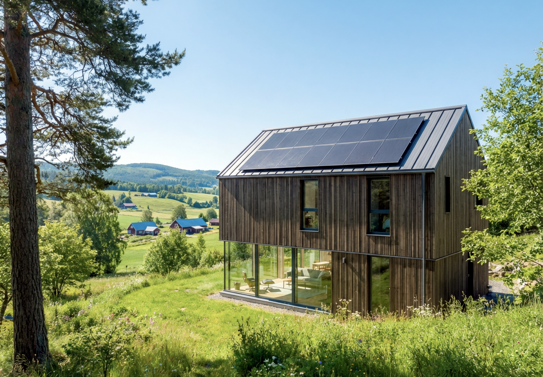 Modern two-story wooden house with solar panels on the roof set in a green rural landscape.