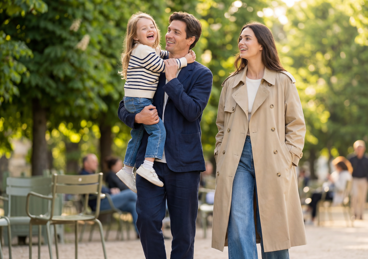 Happy family enjoying a walk outdoors with a man holding a laughing child and a woman smiling beside them.