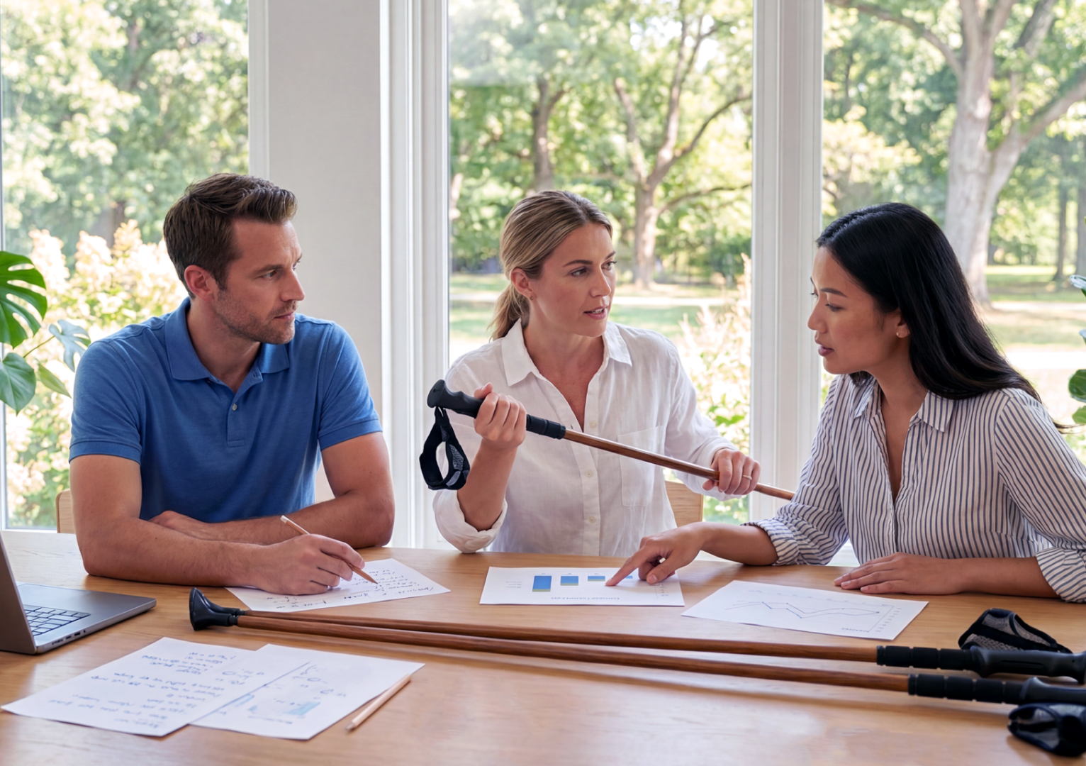 Three people sitting at a table reviewing charts and walking sticks in a bright room.
