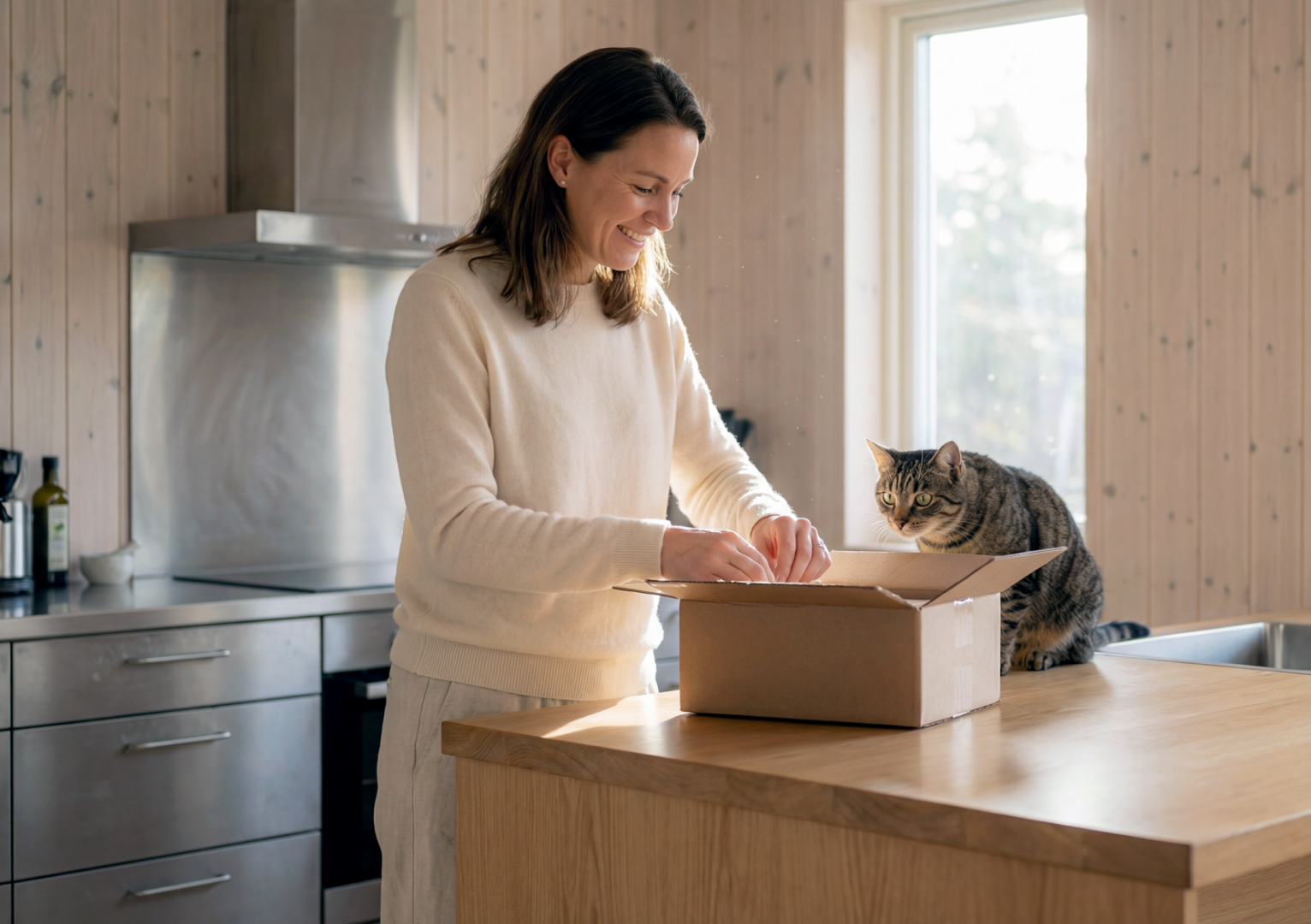 Woman smiling while unpacking a cardboard box on a kitchen island with a cat watching nearby.