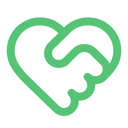 Green icon combining a heart shape and a handshake.