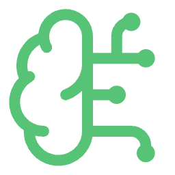 Green line drawing of a brain with three circuit-like lines extending from the right side.