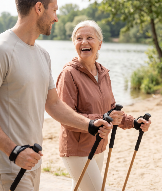 Smiling older woman and younger man holding walking poles near a lakeside.