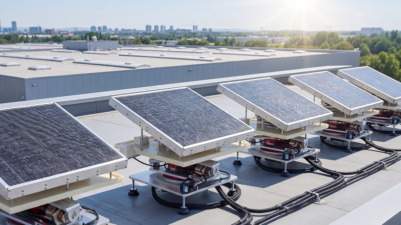 Array of solar panels mounted on a rooftop with city skyline and trees in the background.