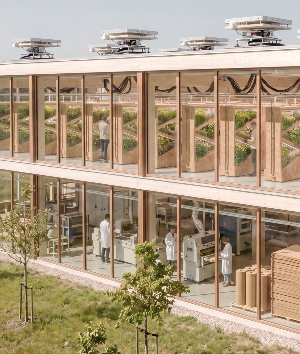 Modern research facility with glass walls, green plants on top floor, and lab workers in white coats on ground floor.