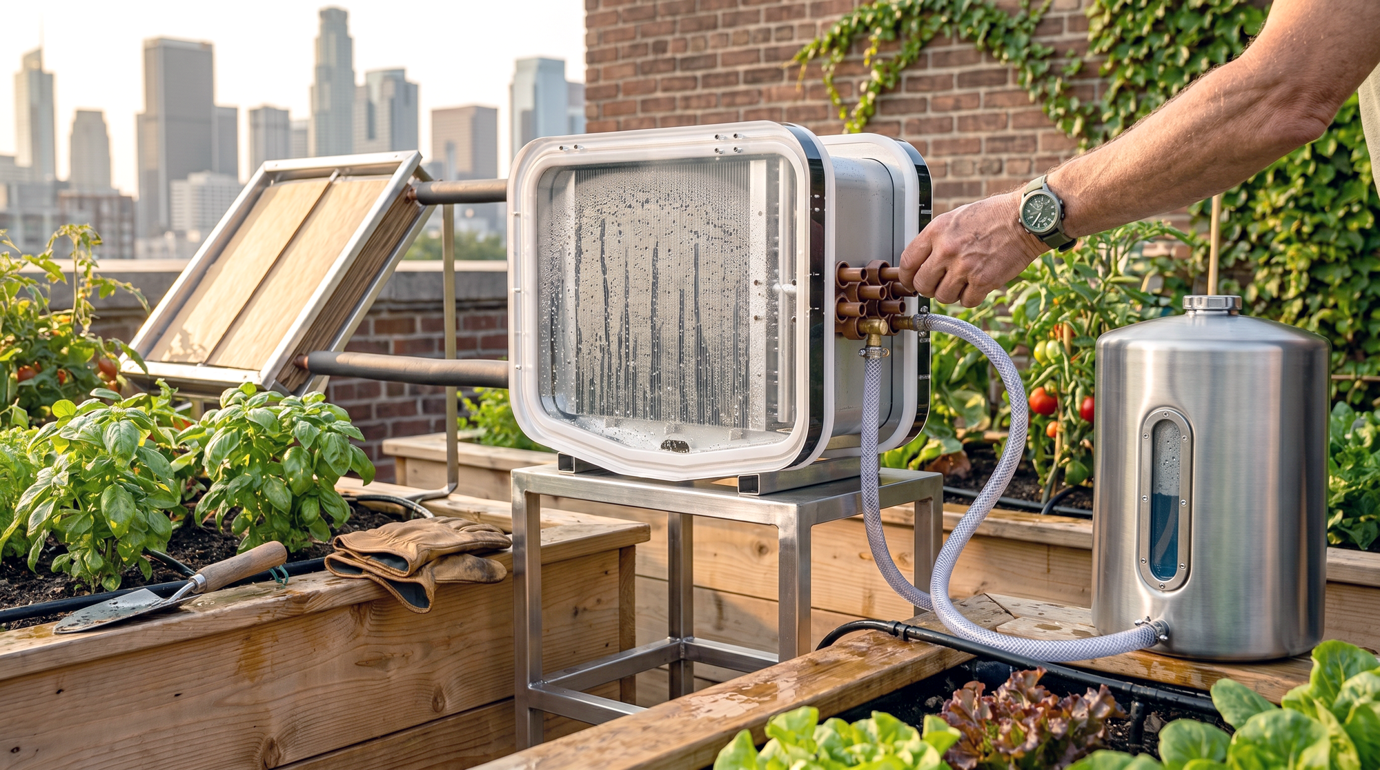 Person adjusting a solar water distiller on a rooftop garden with city skyline in the background.