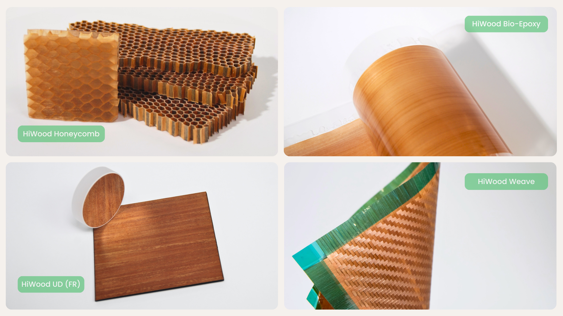 Close up of HiWood materials, including honeycomb, weave, bio-epoxy, and fire retardant grade
