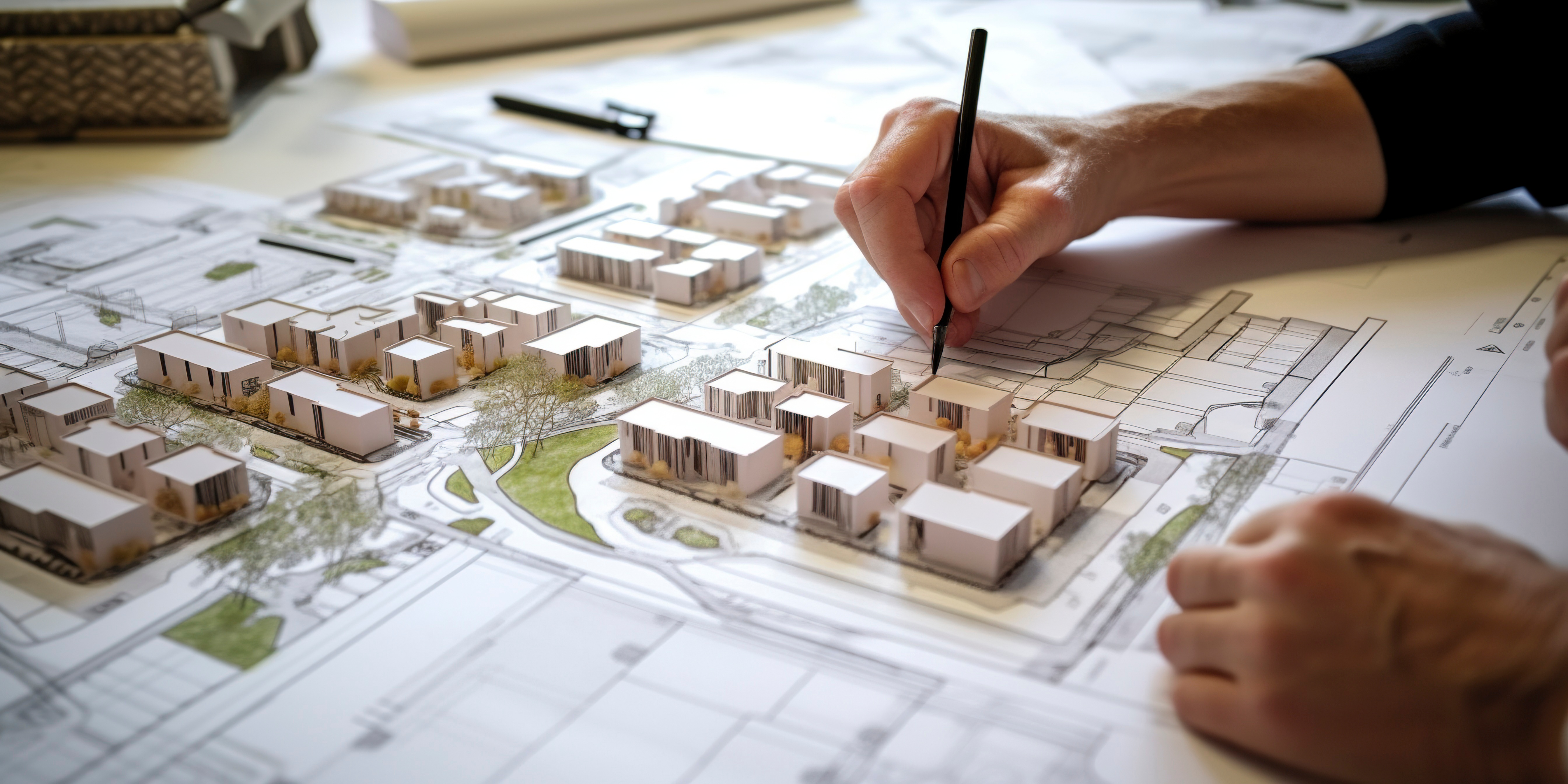 Engineer reviewing biophilic design plans for sustainable building materials