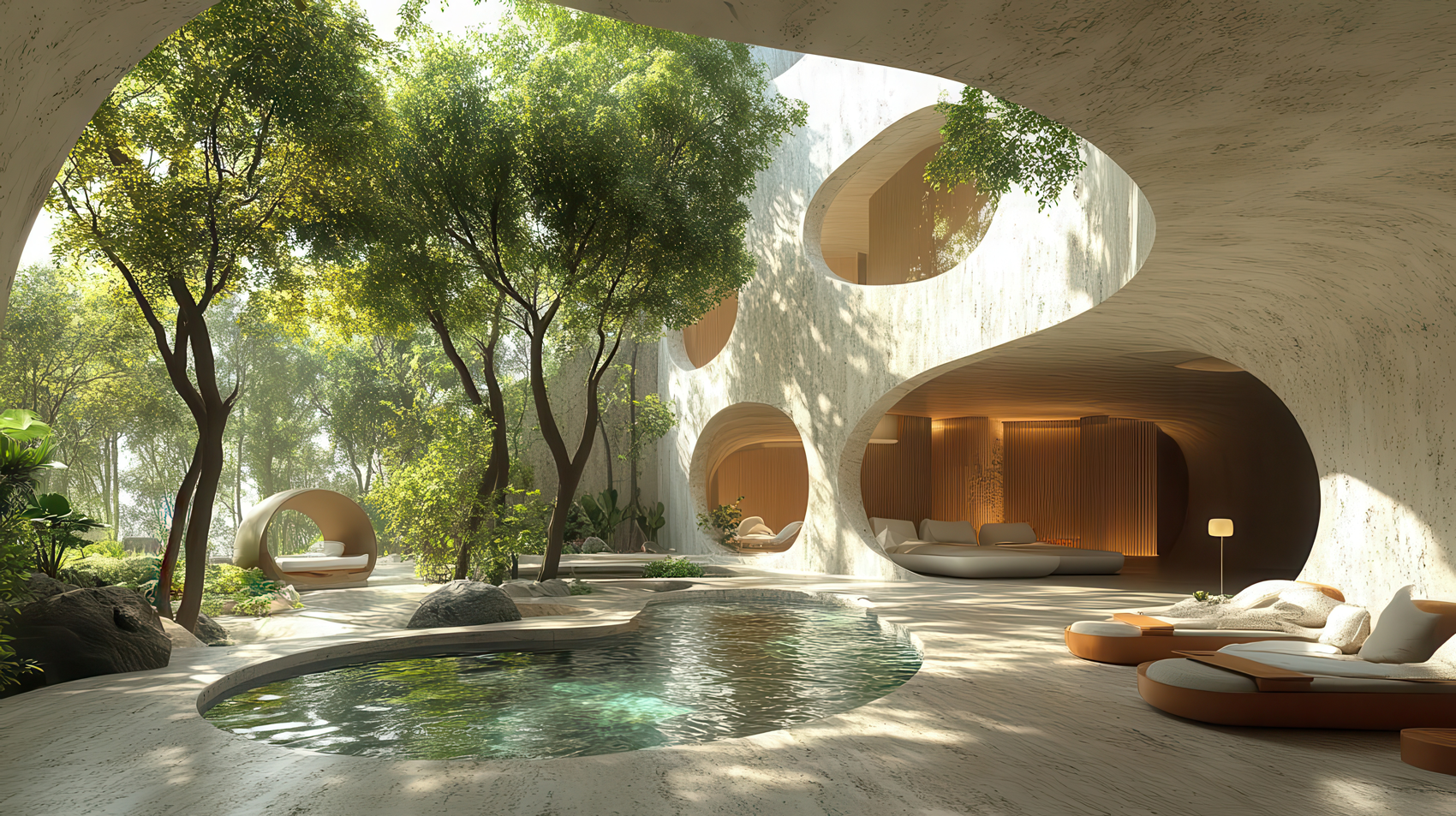 Biophilic environment with bio-based materials, closed-loop water and solar systems, and wellbeing-focused spaces