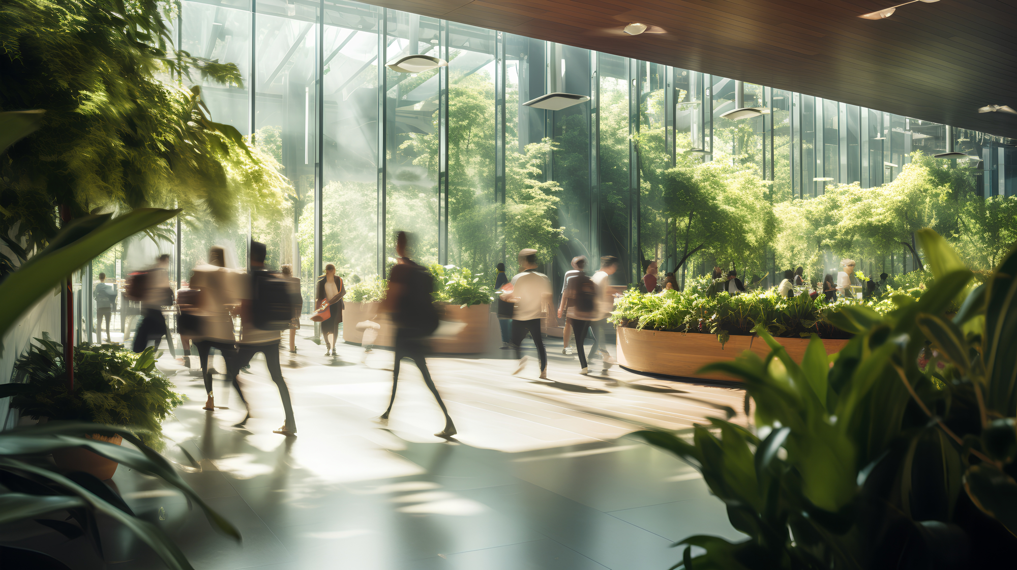 People walking through office space with indoor plant systems and biophilic design elements