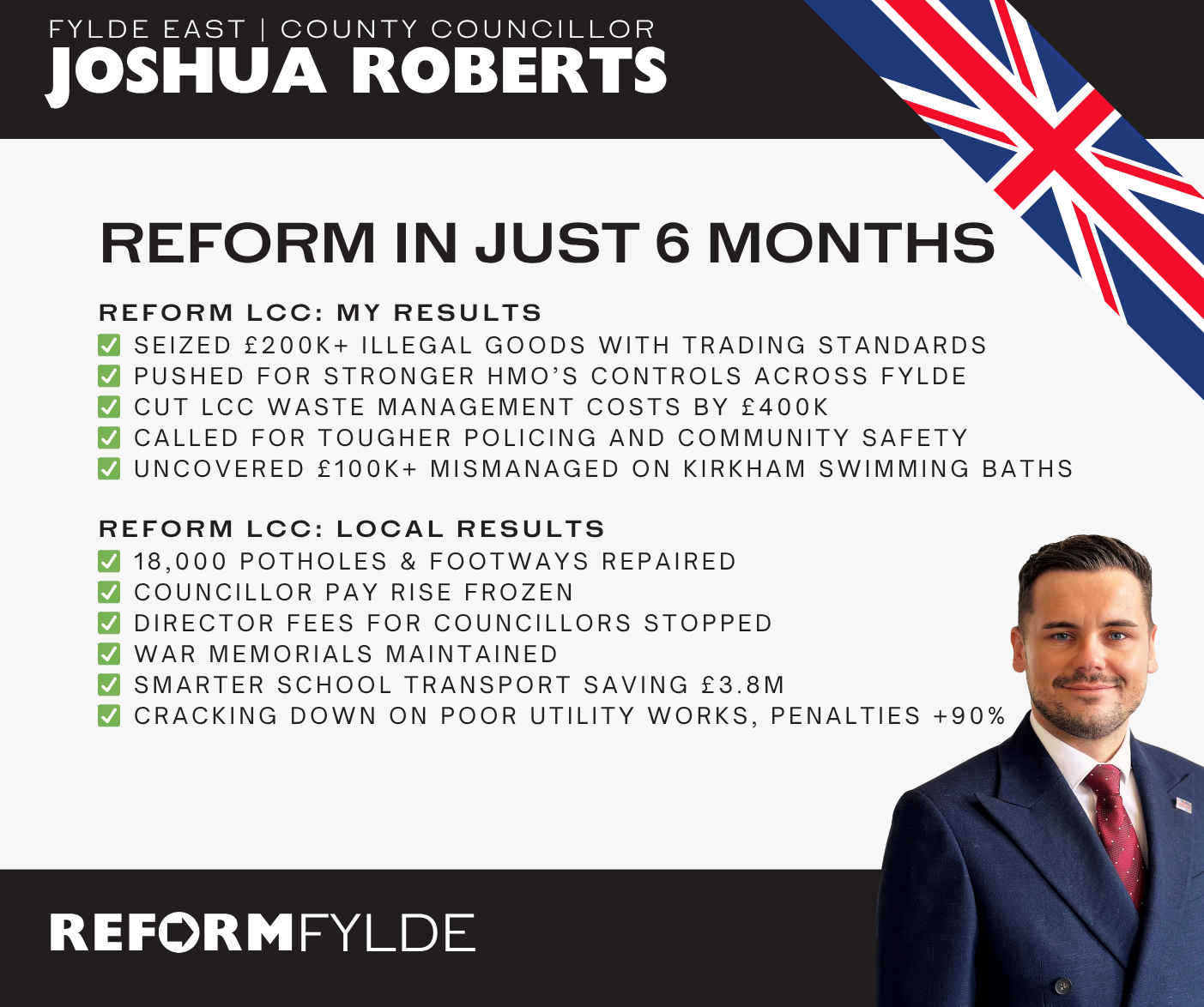 Joshua Roberts political poster highlighting local government reform achievements