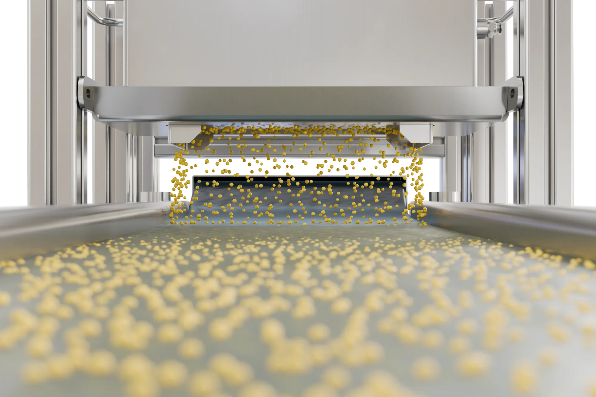 Pelletizer inlet dropping product into liquid nitrogen for cryogenic freezing effect