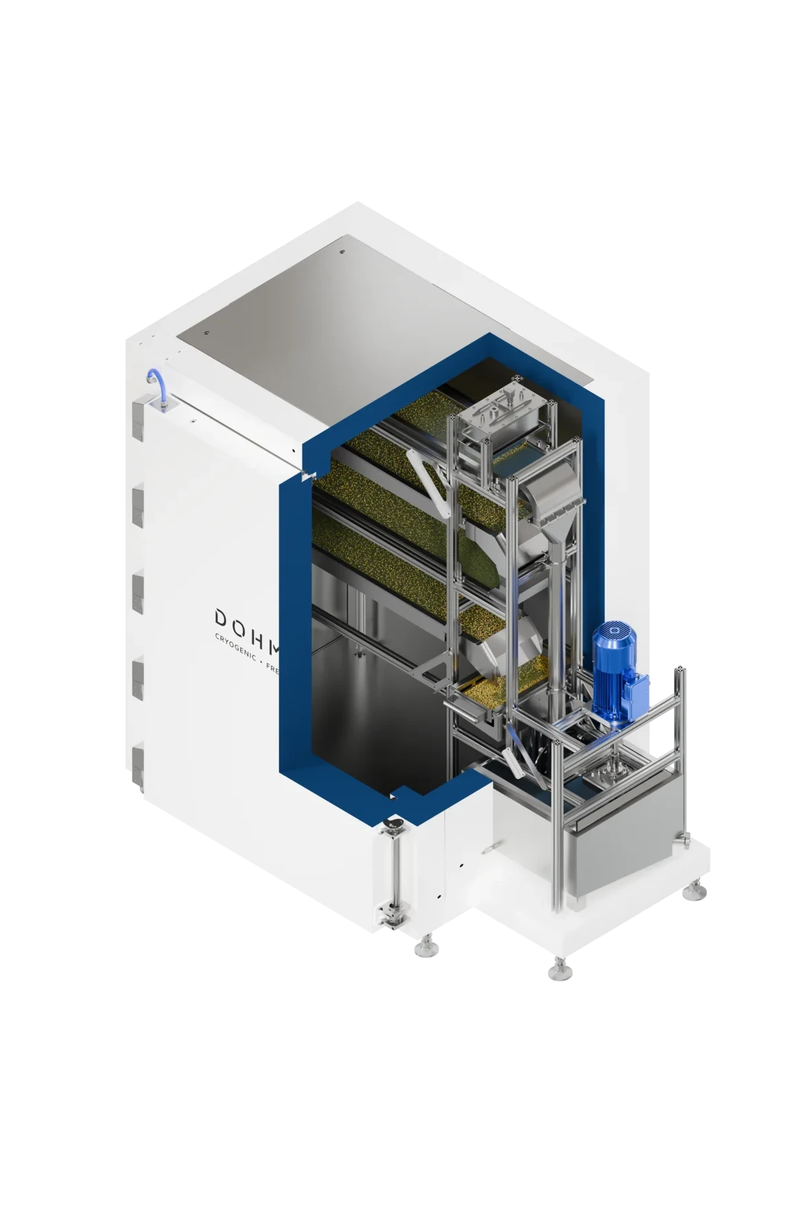 Complete Dohmeyer pelletizer cabinet open visuals to show inside trench that handles product dipped into the liquid nitrogen