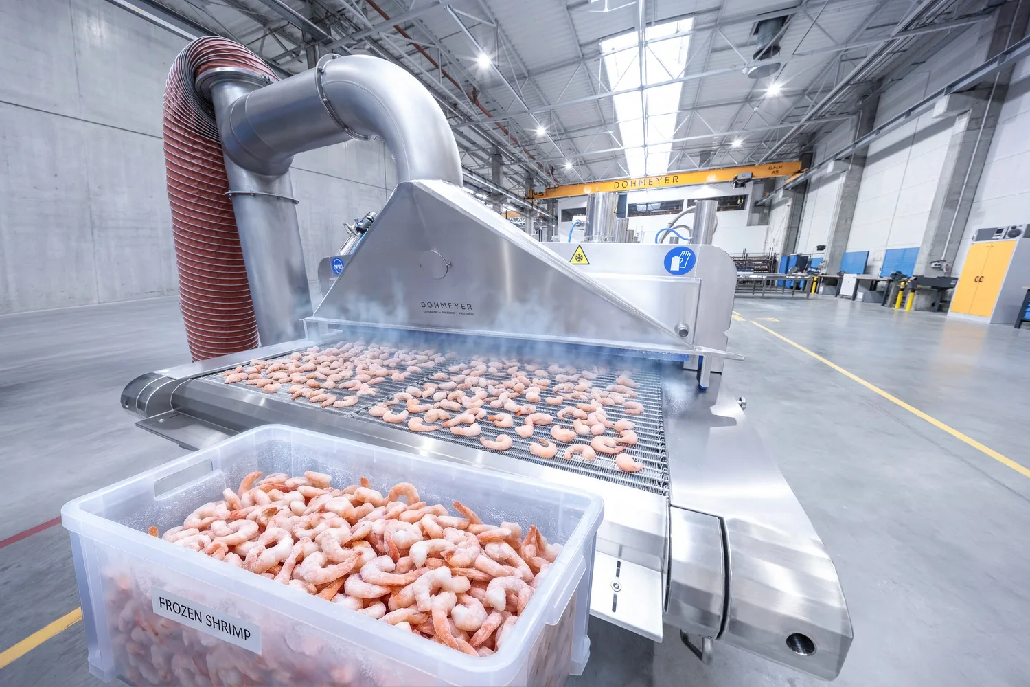 Frozen shrimp unloading from cryogenic freezing tunnel - wide version by Dohmeyer