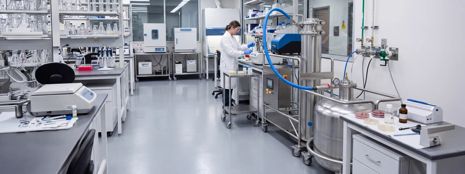 Granulator Dohmeyer Cryo Lab w ośrodku badawczo-rozwojowym przemysłu spożywczego, służący do testowania kultur starterowych bakterii