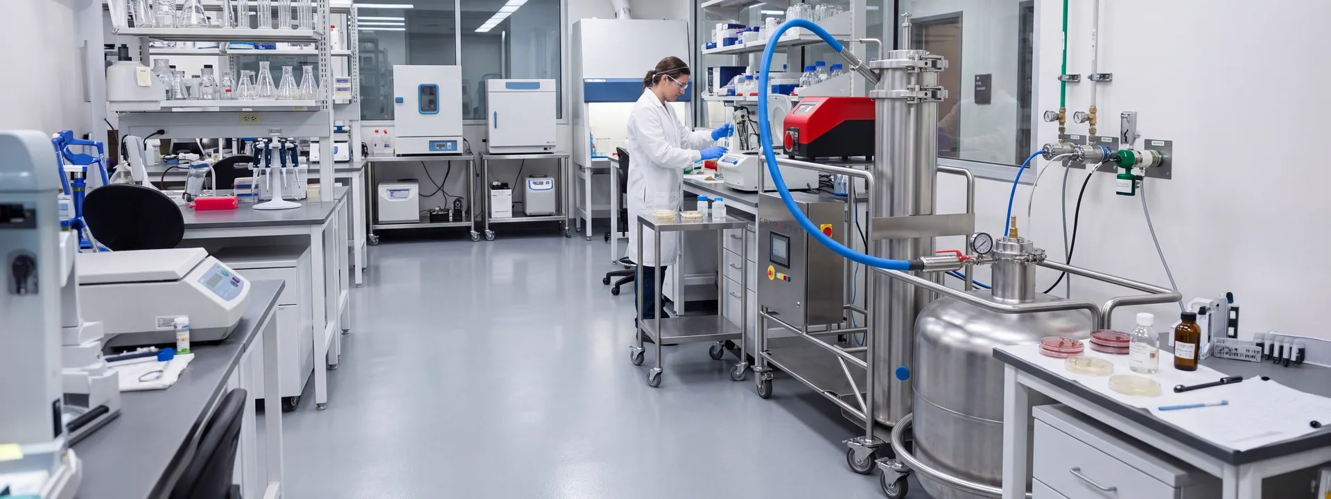 Granulator kriogeniczny Dohmeyer Cryo Lab w laboratorium badawczo-rozwojowym (R&D) przemysłu spożywczego podczas testów kultur starterowych bakterii.