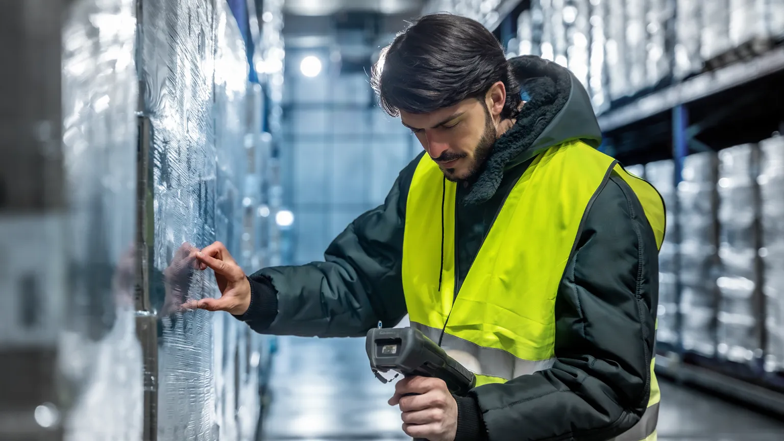 Cold storage warehouse employee checking wares for remaining shelf life