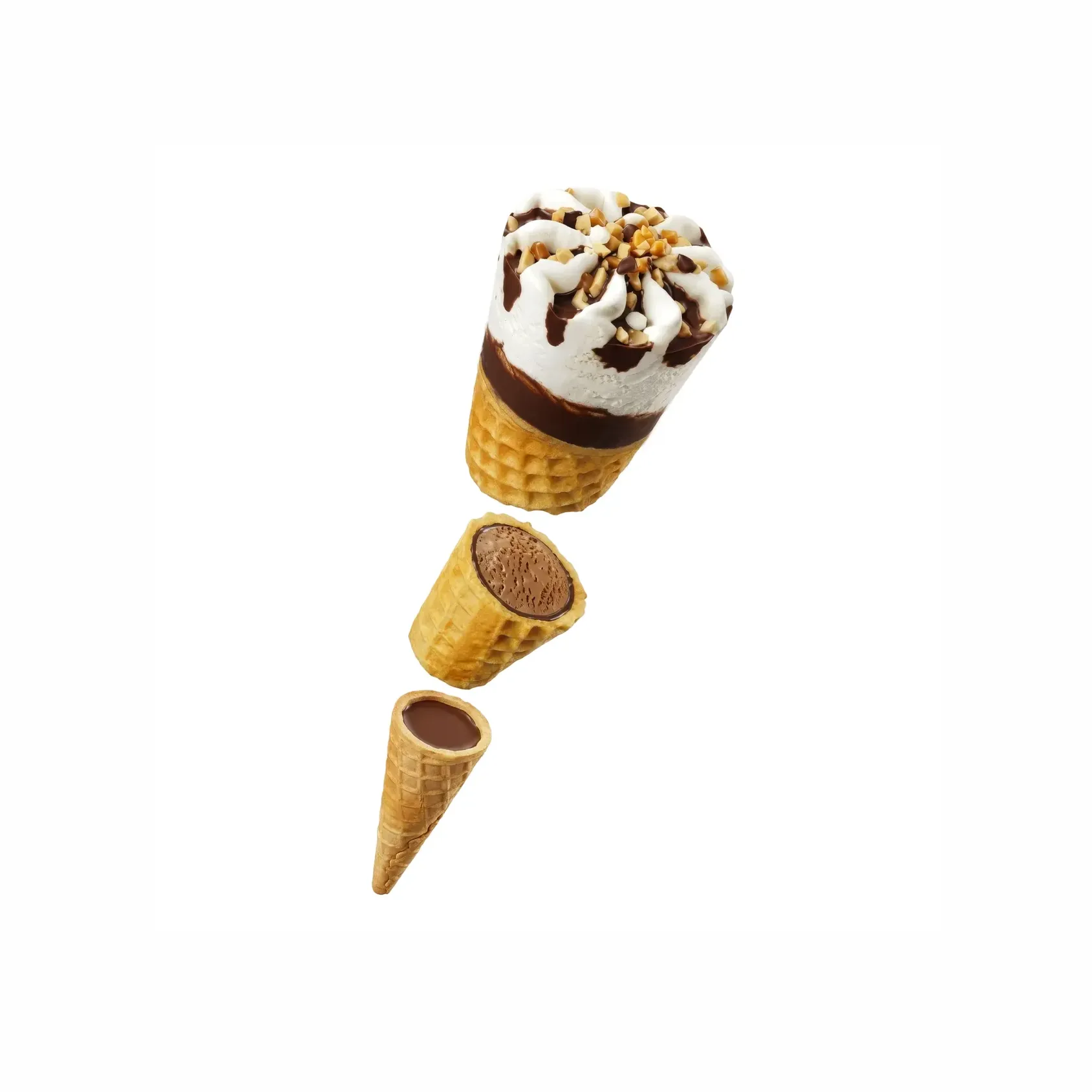 Cut through sections of an ice cream cone, showing how compound should be evenly layered in the cone