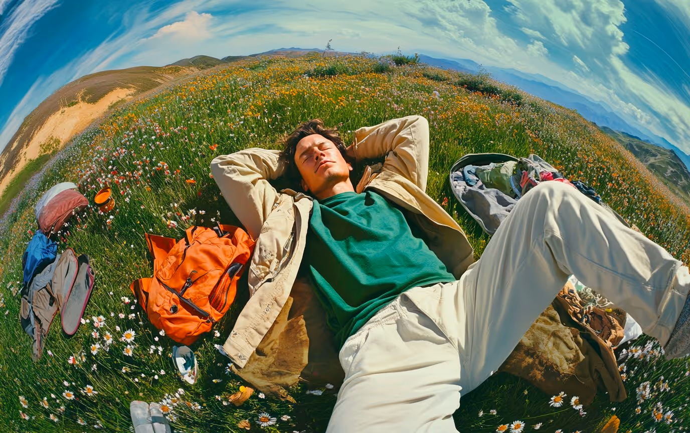 Un ragazzo e rilassato steso su un prato con erba verde e fiori. Fish eye.