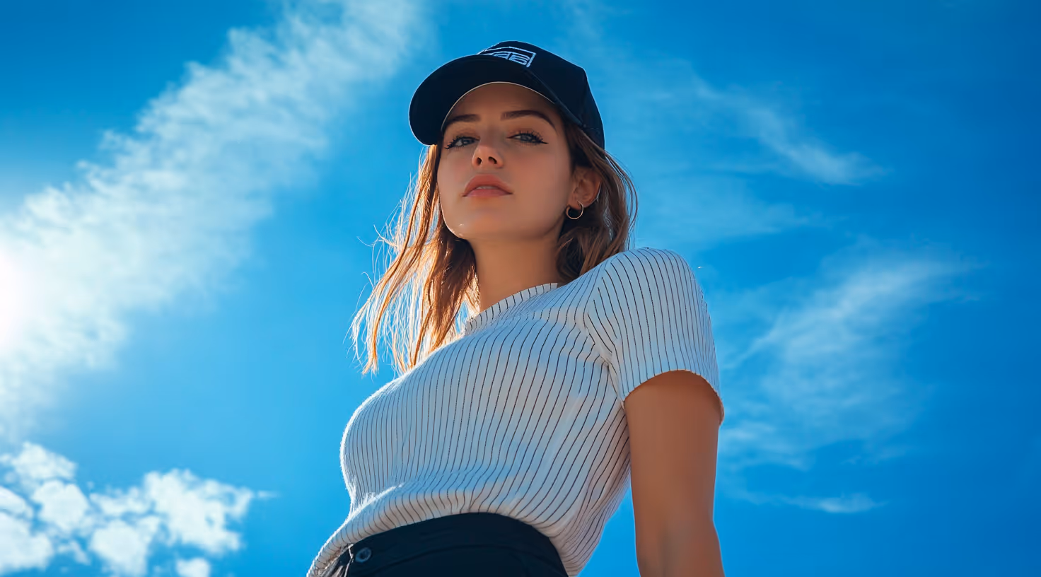 Una ragazza con abbigliamento estivo e cappellino.