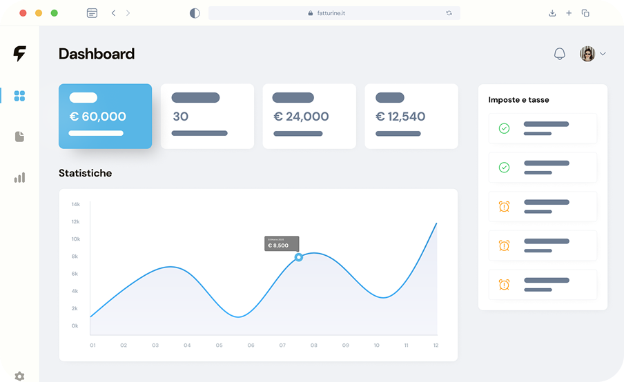 Dashboard interface showing financial summaries with €60,000 highlighted, statistics graph with data point €8,500 in March, and a sidebar listing tax and payment reminders.
