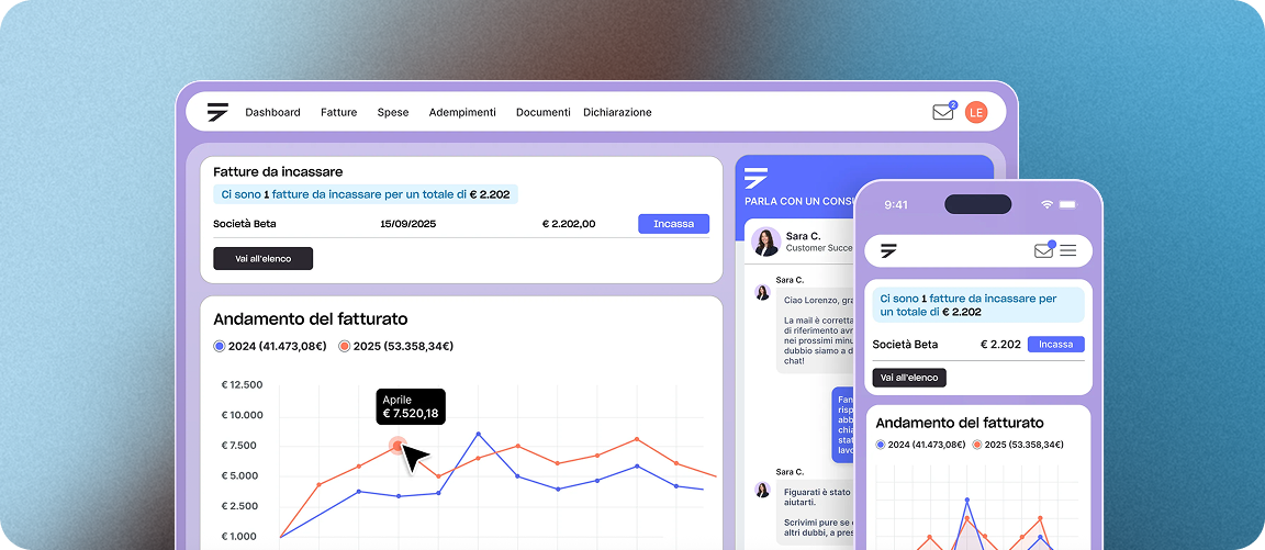 fatturine, dashboard di fatturazione elettronica economica e moderna, ripensata da zero per le partite IVA forfettarie. Inizia gratis