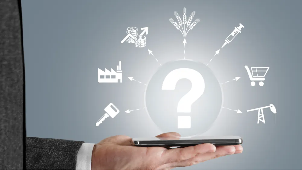 Illustration zur digitalen Transformation: KI-Symbol auf Smartphone mit vernetzten Branchen-Icons.