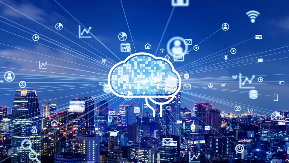 Künstliche Intelligenz vernetzt digitale Daten und Services über einer modernen Stadtlandschaft.