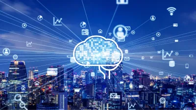 Künstliche Intelligenz vernetzt digitale Daten und Services über einer modernen Stadtlandschaft.