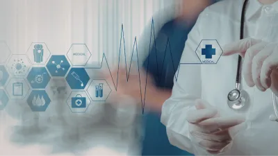 Ärztin mit Stethoskop interagiert mit digitalen Gesundheits-Icons und EKG-Kurve.