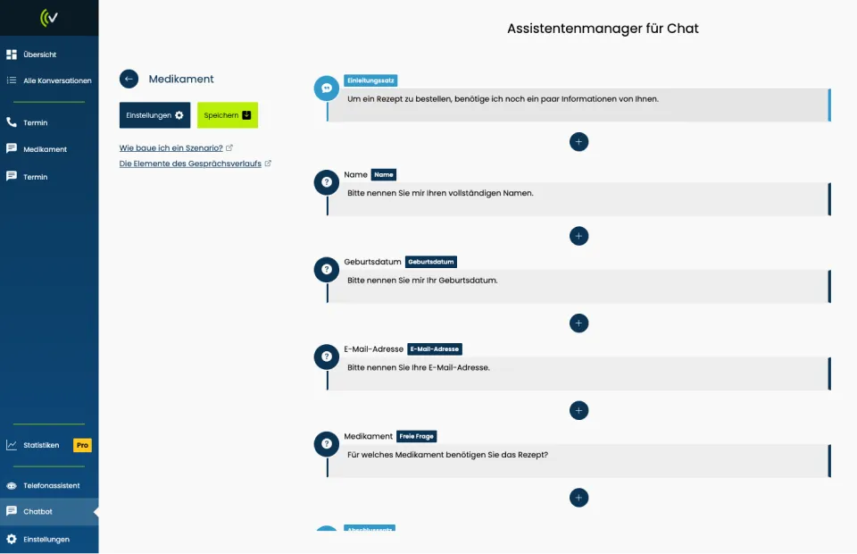 Screenshot vom Assistentenmanager für Chat in der VITAS Plattform