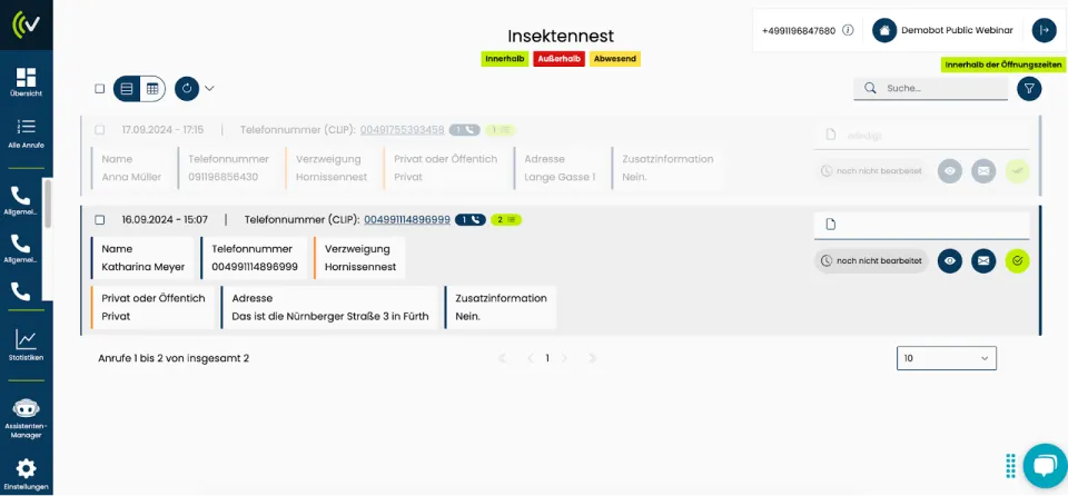 Übersicht aller Anrufe in der VITAS Plattform