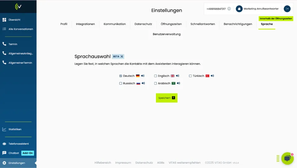 Sprachauswahl in der VITAS Plattform