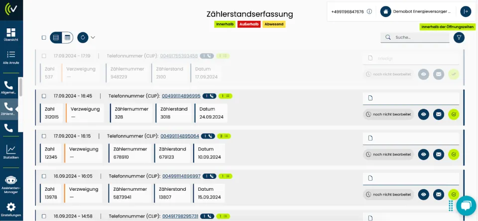 Screenshot von Anrufübersicht der VITAS Plattform