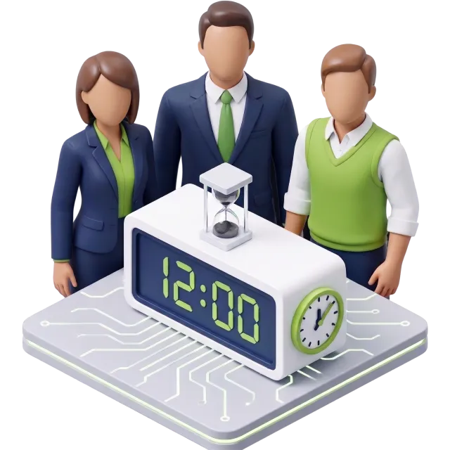 Grafik von drei Personen mit großer Digitaluhr im Vordergrund
