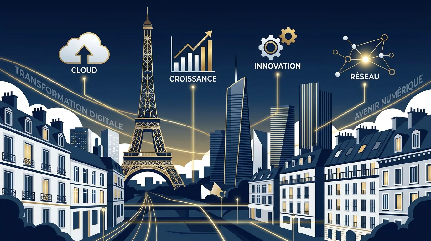 Illustration de la transformation digitale des entreprises en France avec icônes numériques et paysage urbain