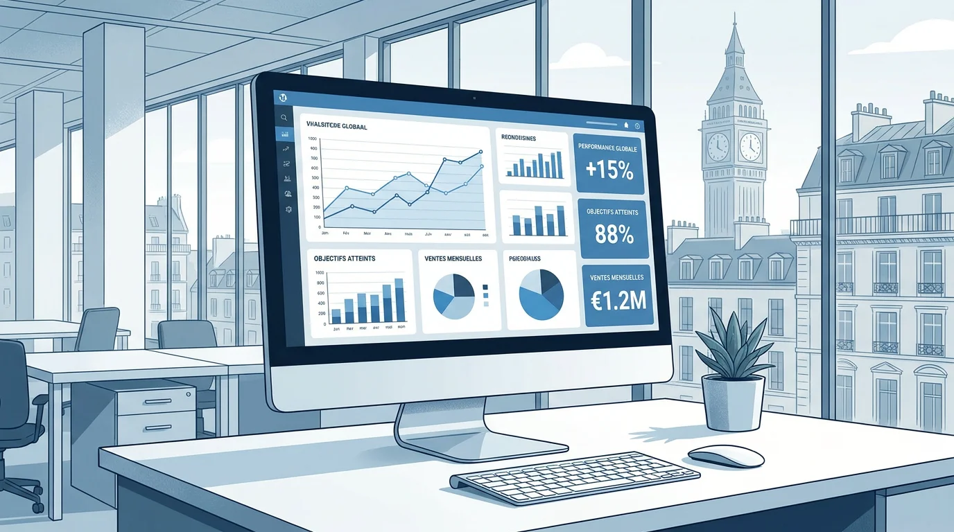 Tableau de bord numérique avec indicateurs de performance dans un bureau professionnel en France