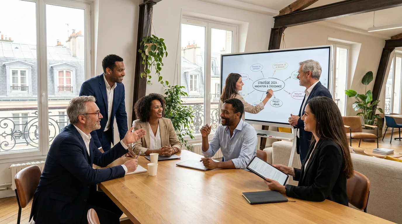 Équipe collaborative en réunion utilisant des outils numériques dans un bureau moderne